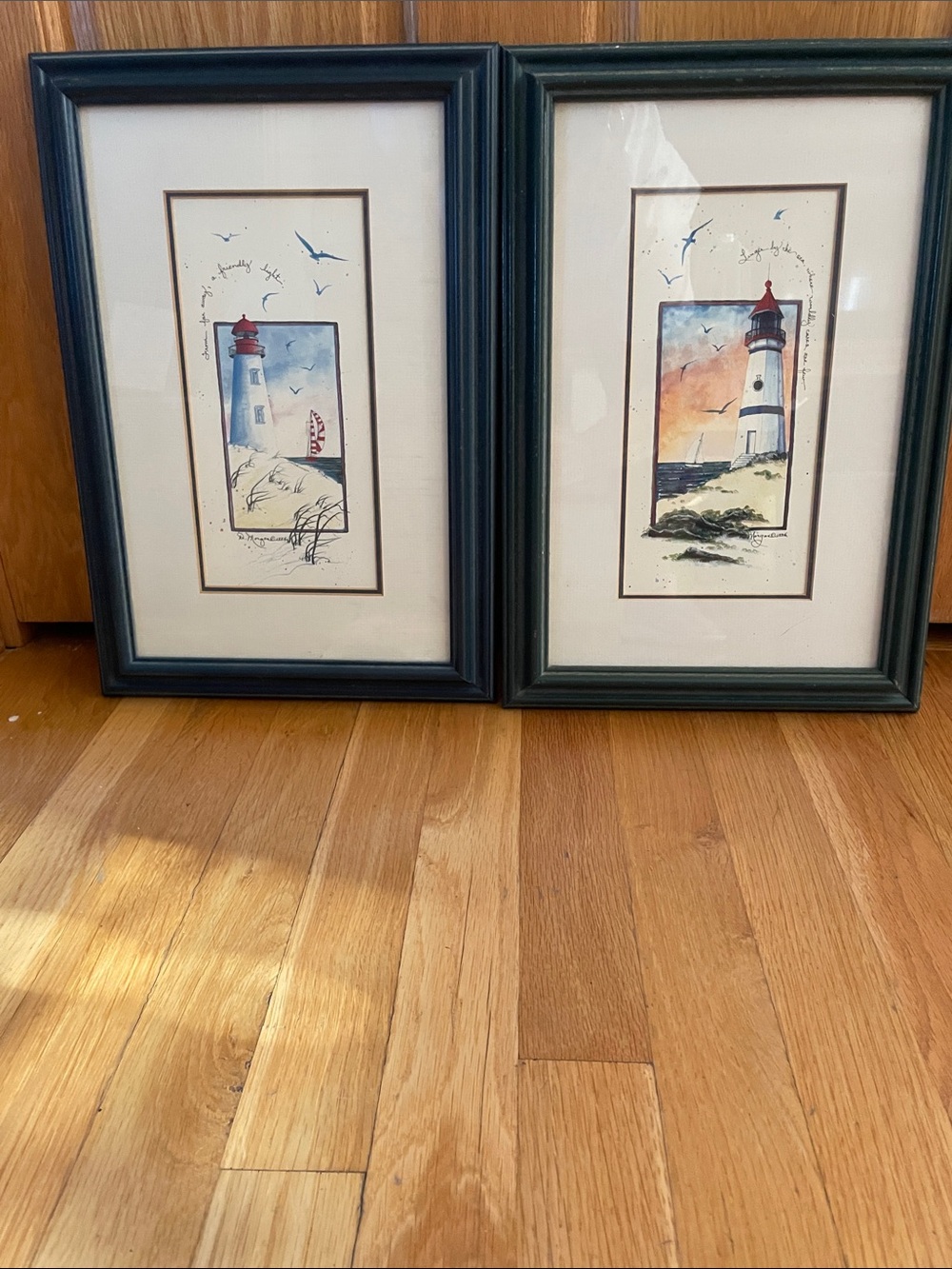 Set of 2 Lighthouse Watercolor Prints in Teal Frames - 11”x17” - D. Morgan